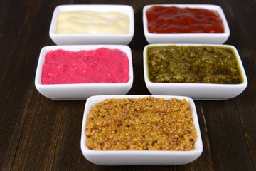 Various sauces on table close-up