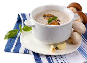 Mushroom soup in white pot, on napkin, isolated on white