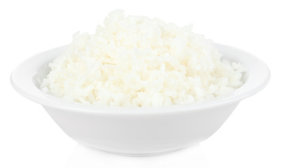 Cooked rice in bowl isolated on white