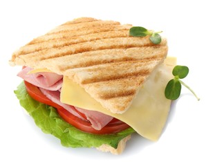 Tasty sandwich with ham, isolated on white