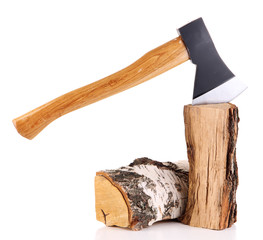 Ax and firewood, isolated on white