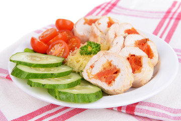 Fototapeta na wymiar Delicious chicken roll on plate on table close-up