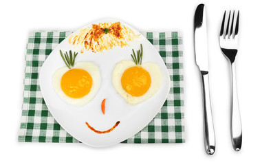 Scrambled eggs with bread on plate, on color napkin