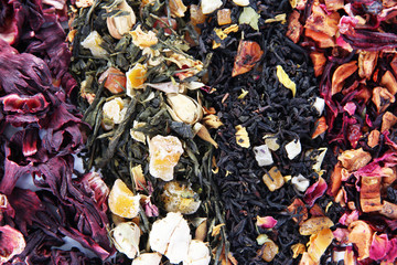 Different kinds of dry tea close up