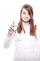 Doctor or nurse holds a syringe, healthcare concept