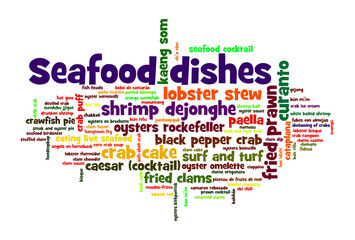 Fototapeta premium Seafood dishes word cloud