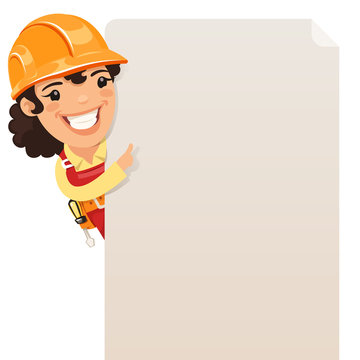 Female Builder Looking at Blank Poster