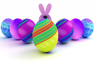 Easter bunny and colorful eggs isolated on white background