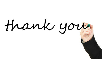 Hand writing Thank you on transparent board