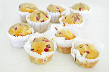 Homemade strawberry muffins in paper cupcake cases
