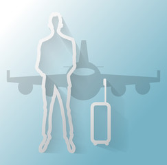 Illustration of businessman with suitcase and airplane