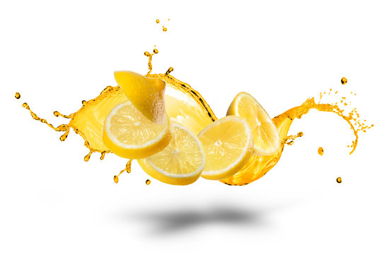 Falling Slices Of Lemon With Juice Splash Isolated On White