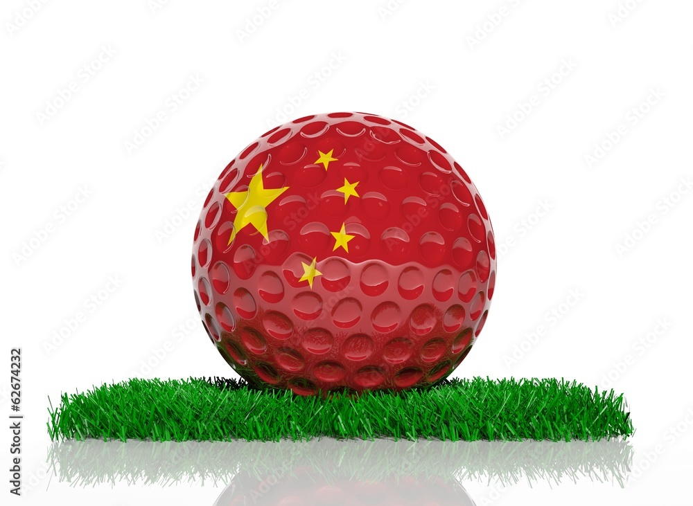 Poster Golf ball with flag of China on green grass