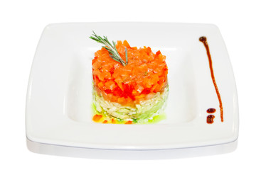 Salad with boiled vegetable and rosemary sprig on plate,