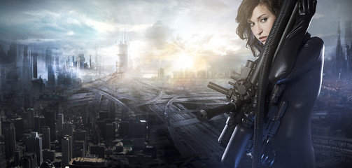 Future woman concept, black latex with neon lights over city ​ © Outsiderzone