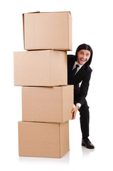 Funny man with boxes on white