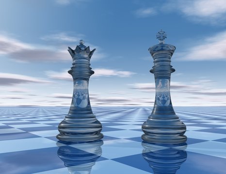 abstraction blue background with chess king and queen pieces