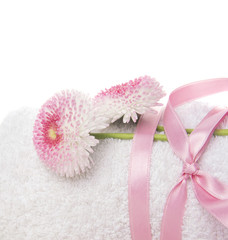 towel,pink silk ribbon and flowers, border,isolated