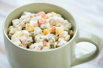Olivier salad, horizontal shot, close-up
