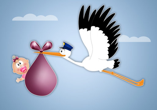 stork delivering newborn girl