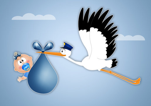 stork delivering newborn baby boy