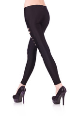Woman legs with stockings on white
