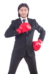 Businessman with boxing gloves on white