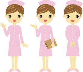 色々なポーズのピンク色ユニフォームの看護婦さん