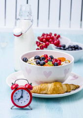 Breakfast: muesli with berries and milk
