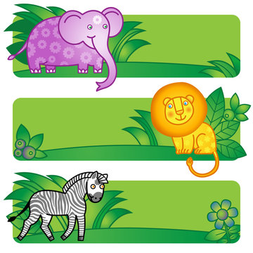 Bright cards with cute animals from jungle. Place for your text.