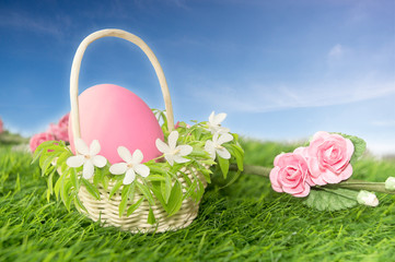 easter egg in basket with flowers