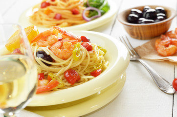 Seafood spaghetti pasta dish with shrimps