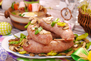 white sausage with mushrooms and leek for easter
