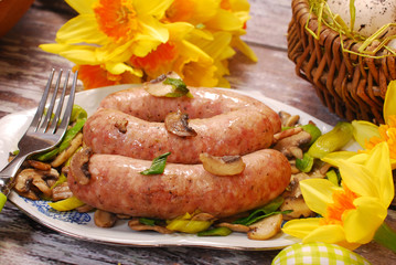 white sausage with mushrooms and leek for easter