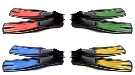 Set of multicolored flippers for diving on white background