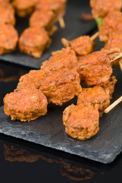 Spicy Chicken Satay - Marinated chicken meatball skewers