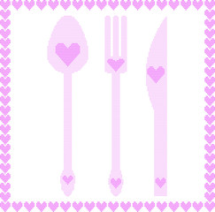 Spoon, fork and knife illustrations with hearts