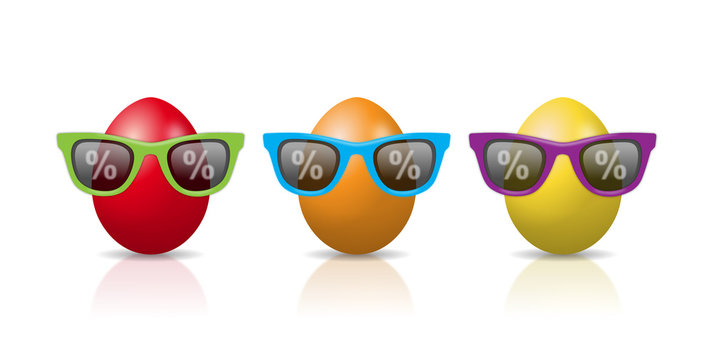 Bunte Comic-Eier mit Sonnenbrillen als Symbol f&uuml;r Osterrabatt