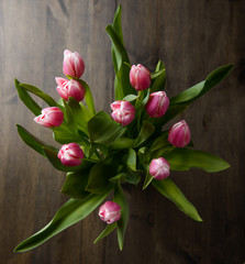 Tulips with some water splash on a wood table