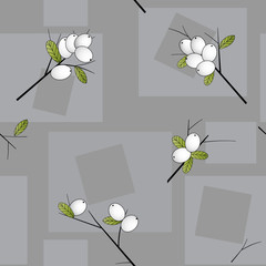 Seamless pattern with white berries on grey background