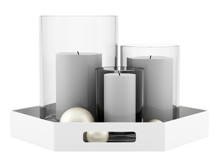 glass candlesticks with candles on tray isolated on white backgr