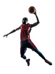Schilderijen op glas african man basketball player jumping dunking silhouette © snaptitude