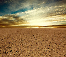 Ploughed farmland field on the background of sunset sky