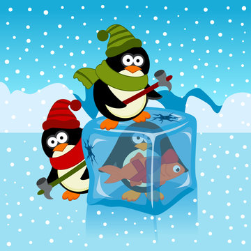 ice cube with penguin - vector illustration