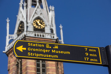 Tourist sign near the Jozef cathedral in Groningen - obrazy, fototapety, plakaty