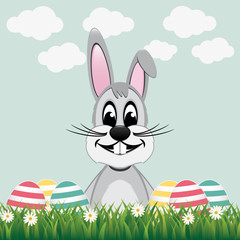 happy gray bunny colorful eggs daisy meadow