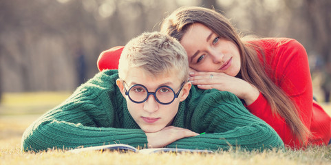 Young teen couple at outdoor.