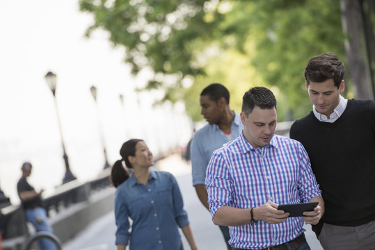 Summer In The City. Four People In A Group. One Using His Digital Tablet. 