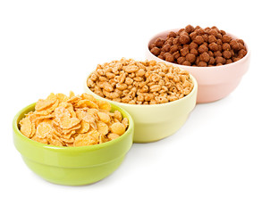 assortment dry cereal, flakes  for breakfast, isolated on white