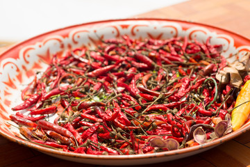 Fototapeta premium Dried chili on thai style plate.
